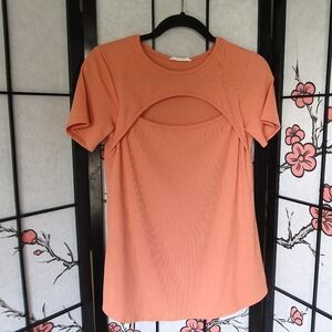 BomBom Short Sleeve Ribbed Coral Pink Top with Peep Through Chest Cut Out Small